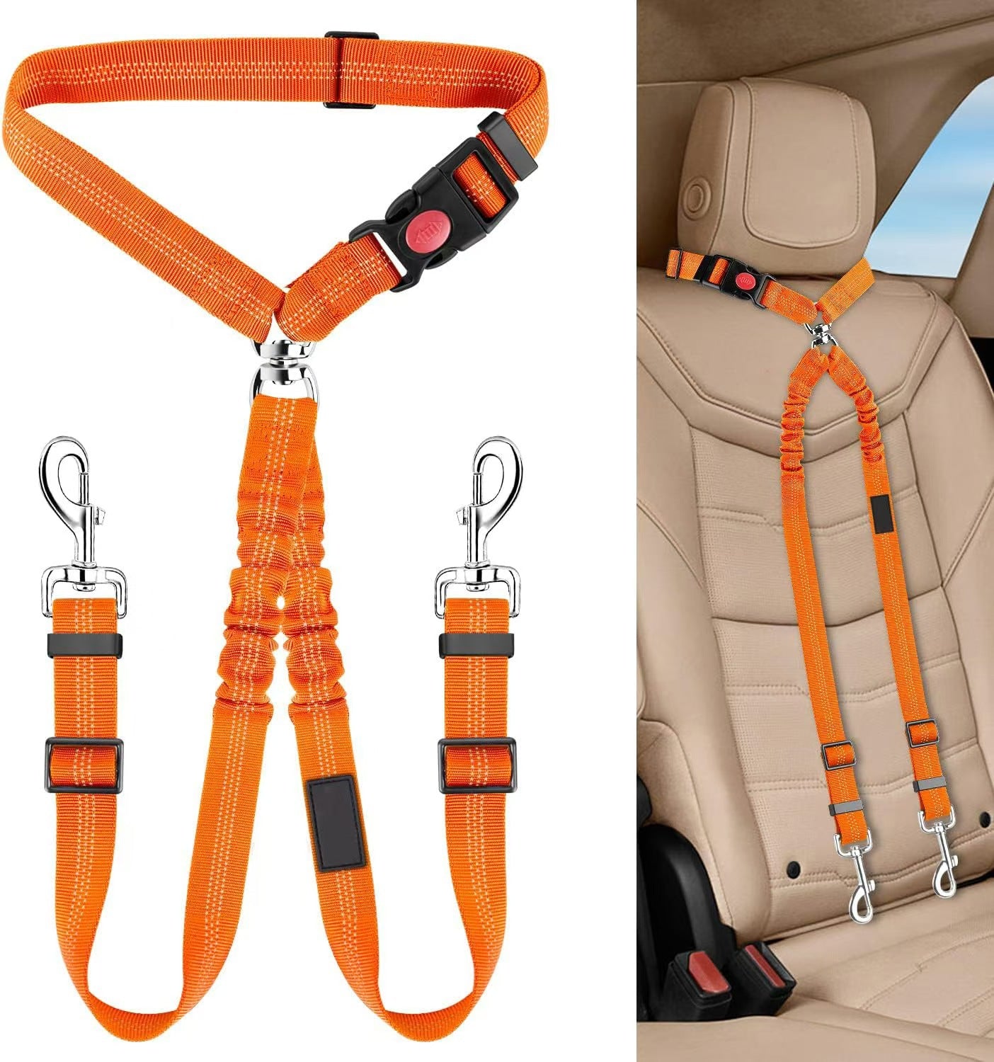 Dual Dog Car Seat Belt with Elastic Bungee - No Tangle 2-in-1 Pet Restraint Harness for 2 Dogs
