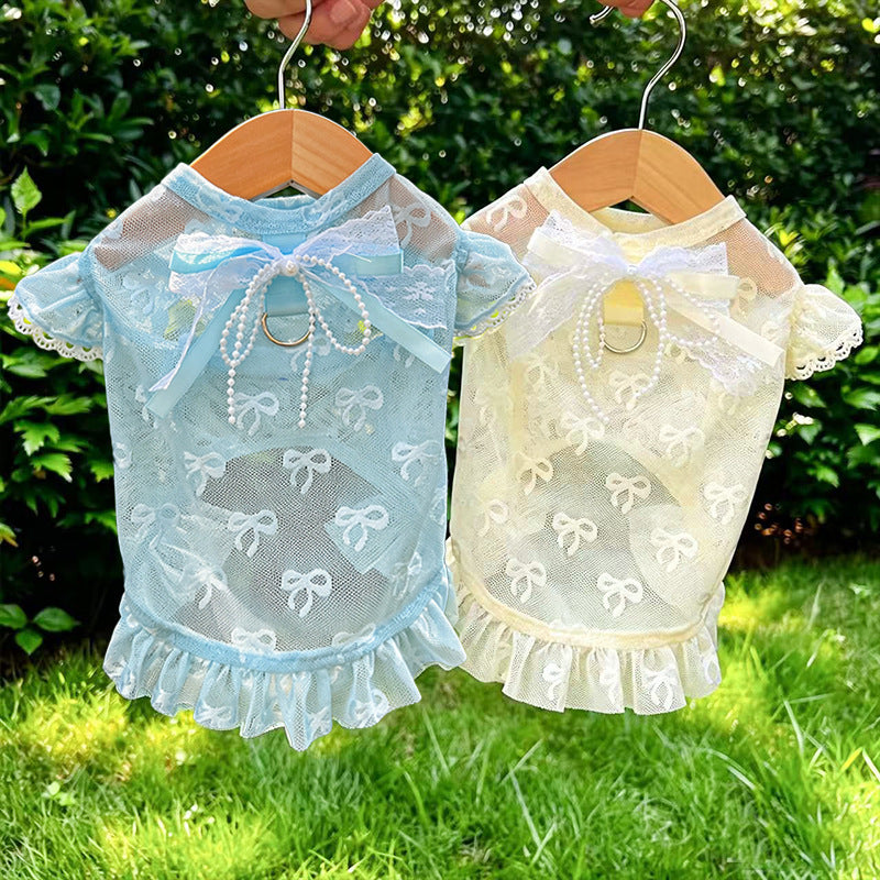 Pet Lace Mesh Dress with Bow & D-Ring