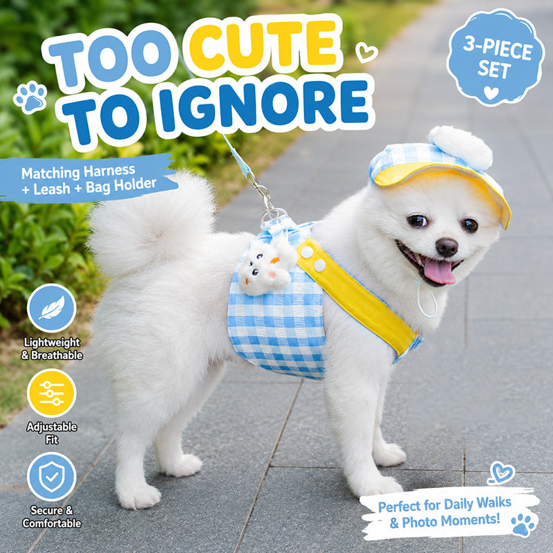 Cute 3-Piece Dog Harness Set with Matching Hat & Leash – Adorable Outfit for Small Dogs