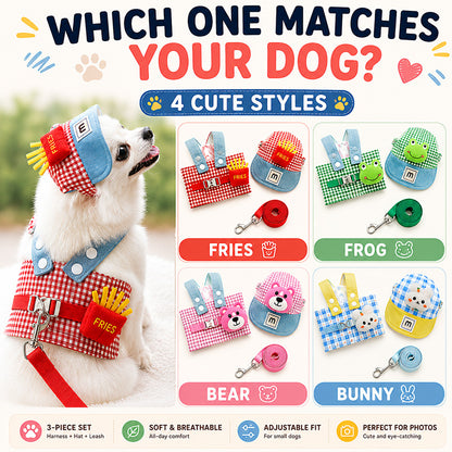 Cute 3-Piece Dog Harness Set with Matching Hat & Leash – Adorable Outfit for Small Dogs