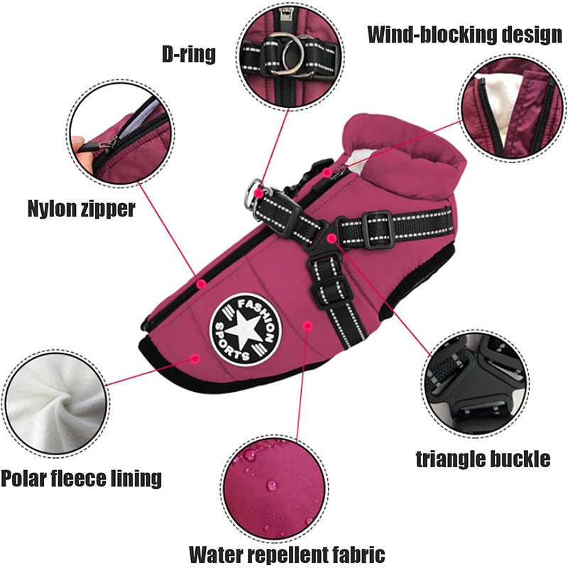 Padded Dog Winter Coat with Built-In Harness